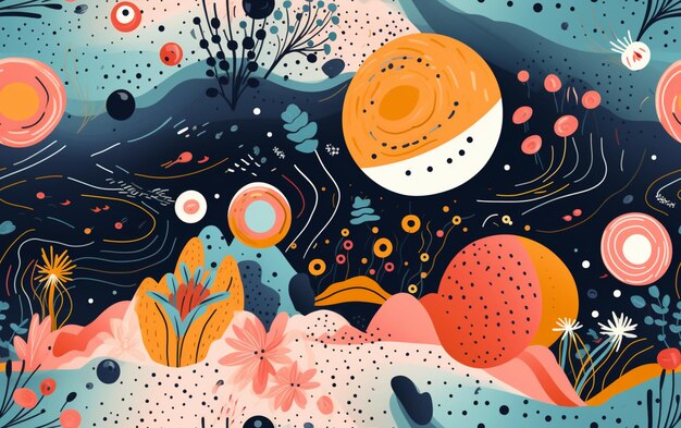 Illustration einer bunten Landschaft mit Mond und Blumen generative ai