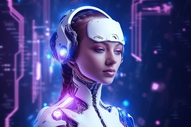 Illustration einer Cyborg-Frau und KI-Technologie-Hintergrund AI GeneratedxA