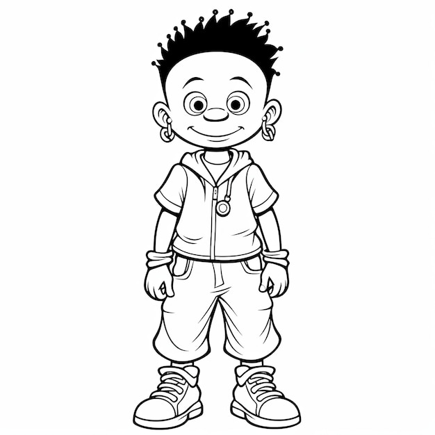 Illustration einer einfachen Malseite für Kinder. Schwarzes männliches Kind gekleidet