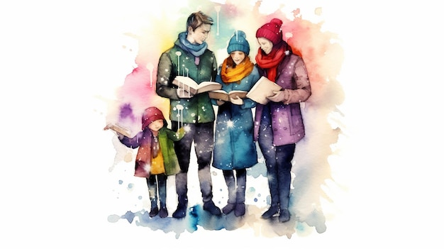 Illustration einer Familie, die Weihnachtslieder mit Hymnenbüchern singt Generative ai