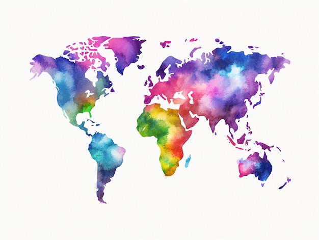 Illustration einer farbigen Aquarell-Weltkarte auf weißem Hintergrund