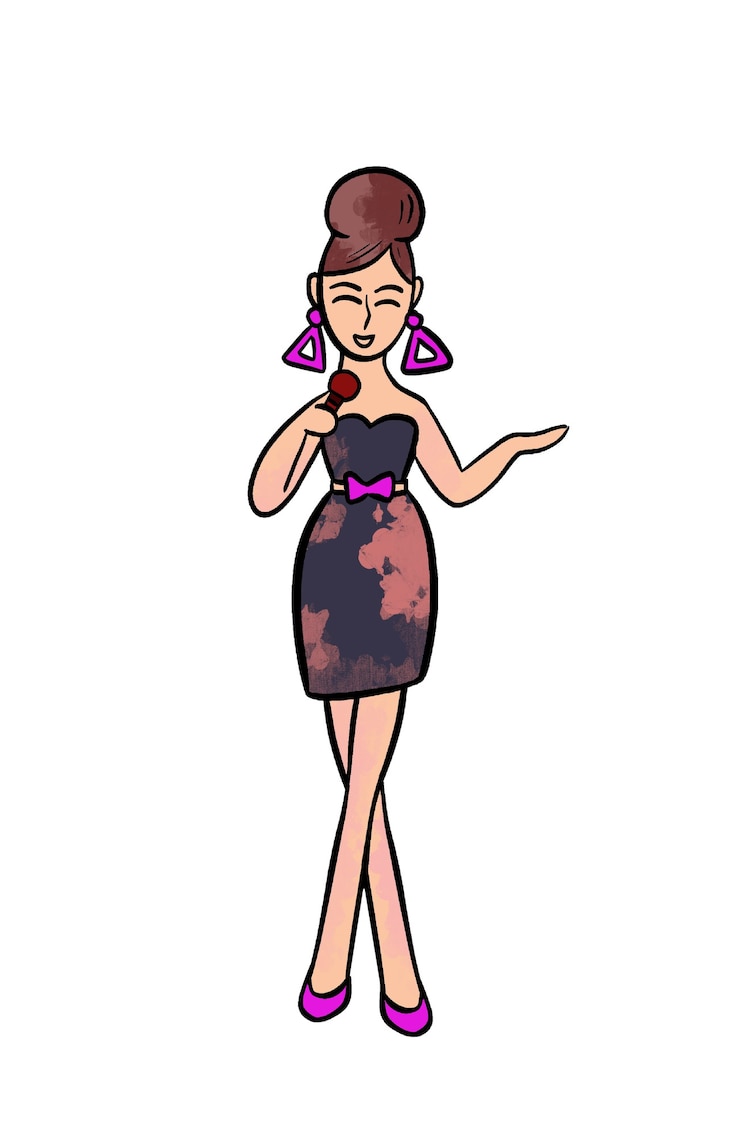 Foto illustration einer farbigen zeichnung einer sängerin mit mikrofon in kleid und lila schuhen auf weiß
