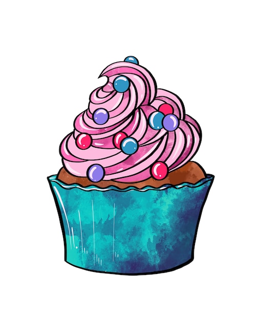 Illustration einer farbigen Zeichnung von süßen braunen Cupcakes mit rosa lila Creme und dekoriert mit