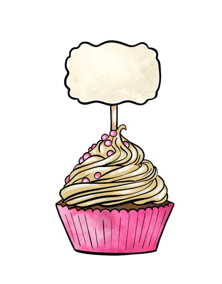 Foto illustration einer farbigen zeichnung von süßigkeiten-creme-cupcake mit hinweistafel auf einem weißen isolierten