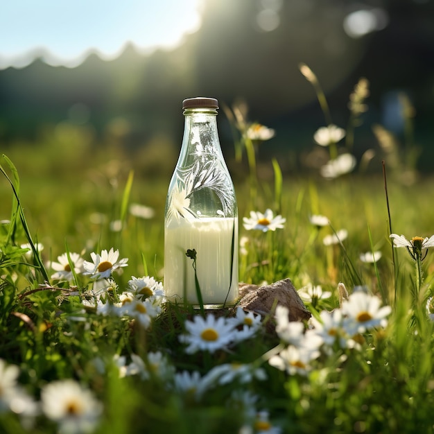 Illustration einer Flasche frische Milch auf einer sonnigen Sommerfarmwiese Generative ai