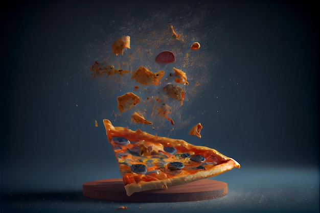 Illustration einer fliegenden Pizza mit Zutaten-KI