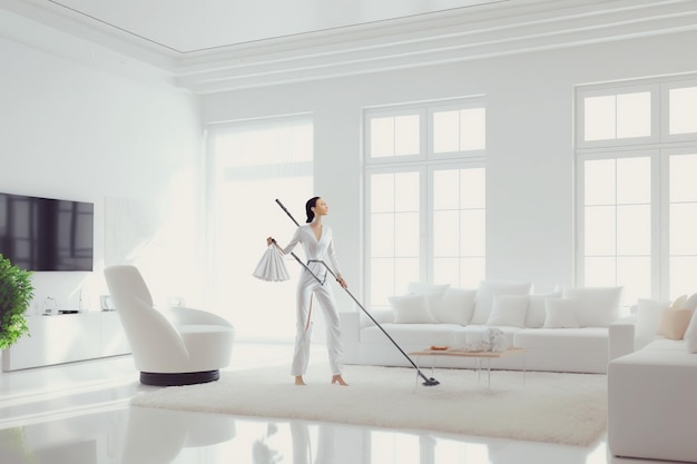 Illustration einer Frau, die ein geräumiges und luxuriöses Wohnzimmer putzt, in dem viel natürliches Licht von Ai erzeugt wird