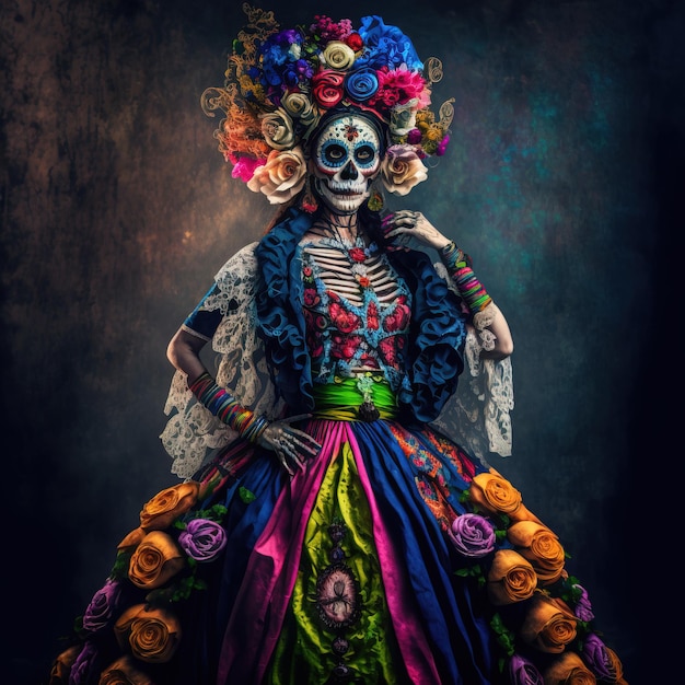 Illustration einer Frau, die Make-up und Kleid im Schädel trägt Tag der Toten oder Da de los Muertos