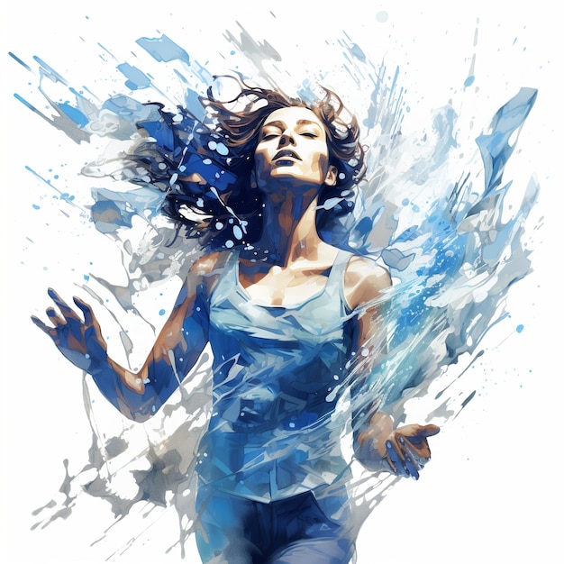 Illustration einer Frau im blauen Wasser in der Luft im Stil