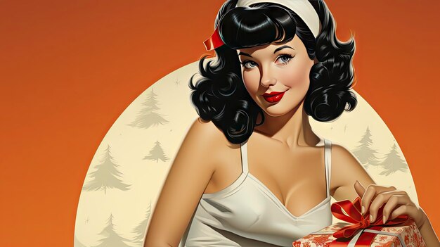 Illustration einer Frau im Pin-up-Stil, die als Weihnachtsmann verkleidet ist und Weihnachtsgeschenke überbringt