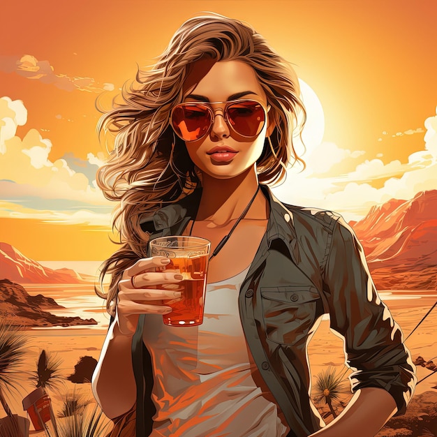 Illustration einer Frau mit einem Glas Bier in sonniger Landschaft. Generative KI