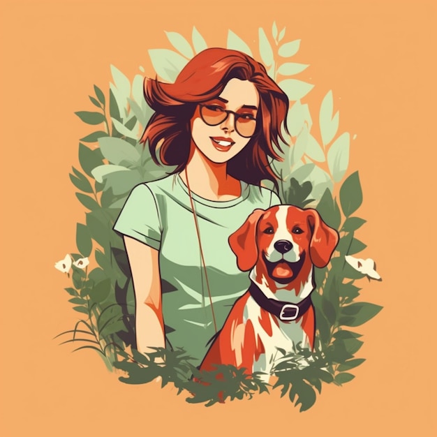 Illustration einer Frau mit einem Hund in einem Garten, generative KI