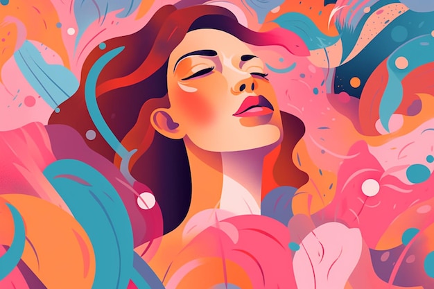 Illustration einer Frau mit geschlossenen Augen, umgeben von bunten Blättern, generative KI