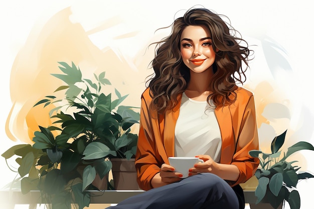 Illustration einer Frau mit Kaffee im Büro