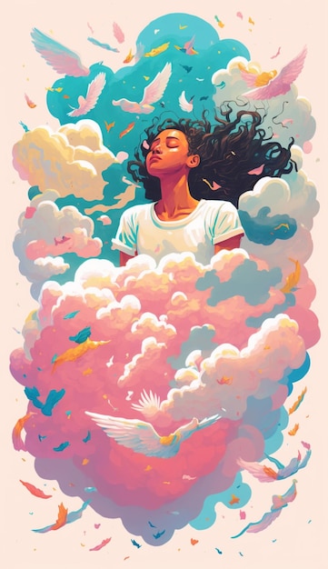 Illustration einer Frau mit langen Haaren, die durch die Luft fliegt, generative KI