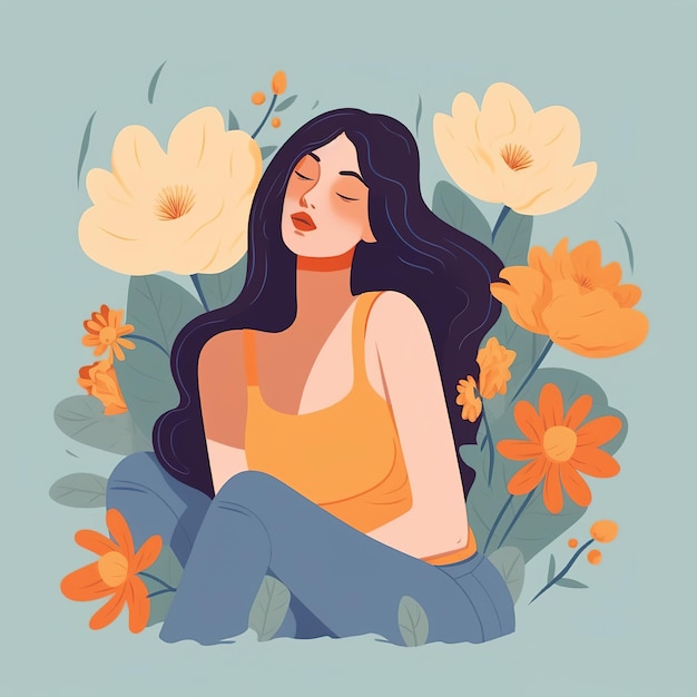 Illustration einer Frau, umgeben von Blumen