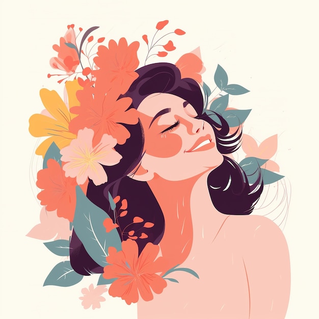 Illustration einer Frau, umgeben von Blumen