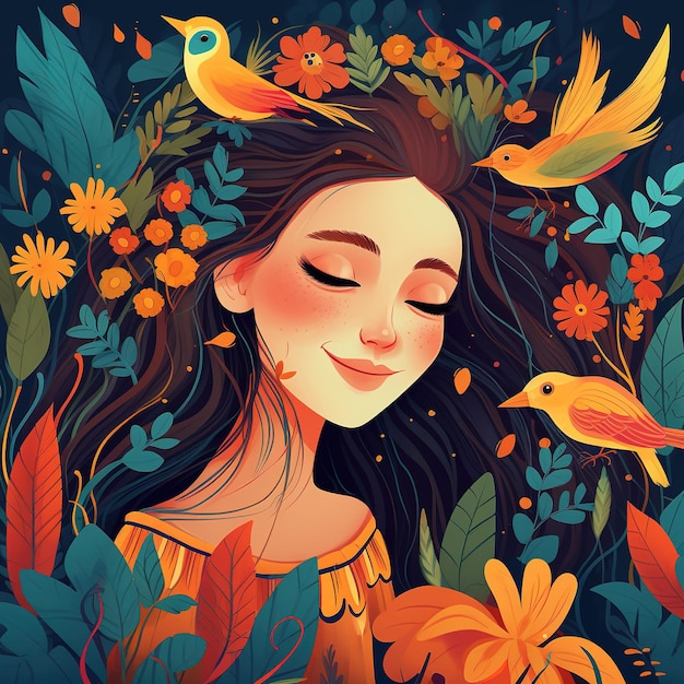 Illustration einer Frau, umgeben von Blumen