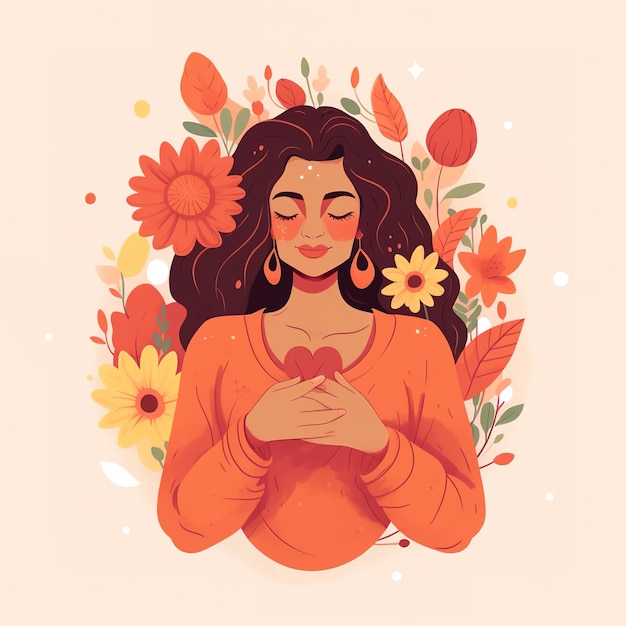 Illustration einer Frau, umgeben von Blumen