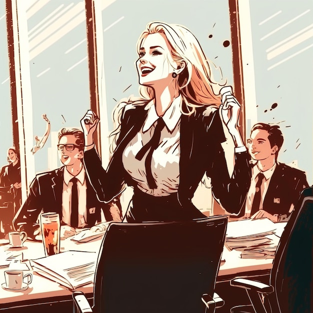 Illustration einer freudigen Geschäftsfrau arbeitet in einem Büro Ein junger und unternehmungslustiger Mitarbeiter