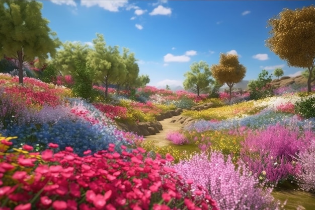 Illustration einer Frühlingslandschaft voller bunter Blumen und blauem Himmel Ai generativ
