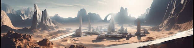 Illustration einer futuristischen Stadt auf der Oberfläche des Planeten Mars. Fiction-Konzept Generative KI