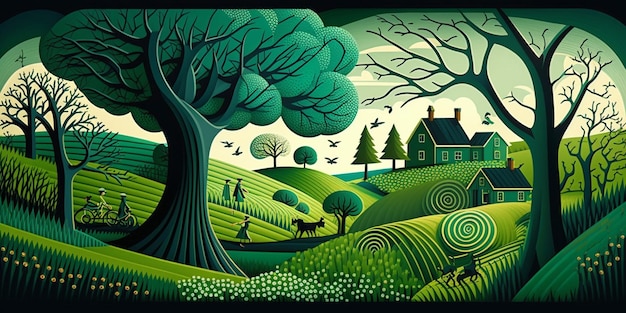 Illustration einer Gemäldeszene auf einem Bauernhof mit einer Kuh im Vordergrund. Generative KI