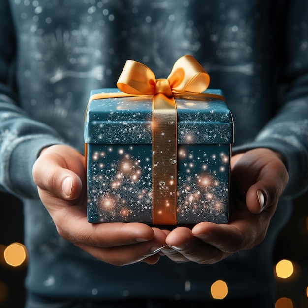 Illustration einer Geschenkbox in der Hand mit einem weihnachtlichen Hintergrund, AI generiert