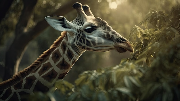 Illustration einer Giraffe, die in der Mitte des Waldes nach Nahrung sucht