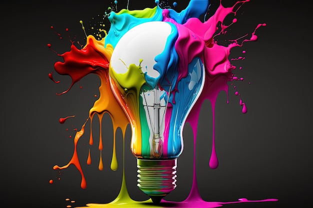Illustration einer Glühbirne und tropfender farbiger Farbe auf schwarzem Hintergrund. Generative KI