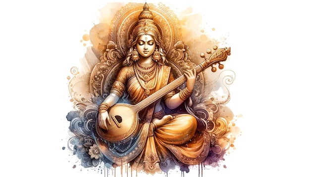 Illustration einer goldenen Statue der Göttin Saraswati, die in Aquarell-Stil eine Veena spielt