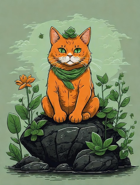 Illustration einer großen orangefarbenen Katze, die auf einem schwarzen Felsen sitzt und von weißen Pflanzen umgeben ist