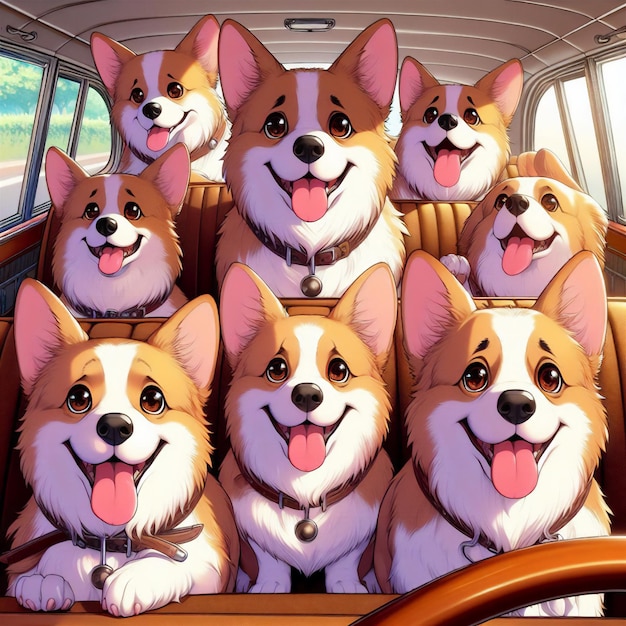 Foto illustration einer gruppe von corgi-hunden in einem auto, die auf komische weise lächeln