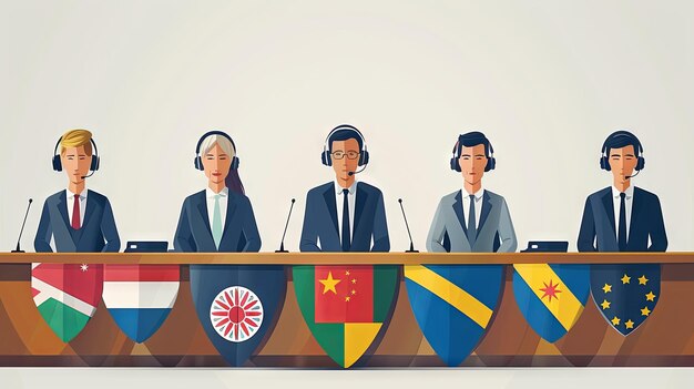 Illustration einer Gruppe von Politikern mit Headsets und Fahnen