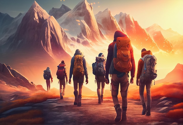 Illustration einer Gruppe von Touristen, die bei Sonnenuntergang mit Rucksack in den Bergen spazieren gehen