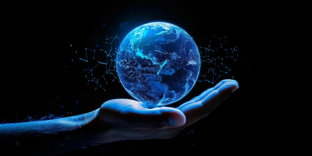Illustration einer Hand, die eine digitale blaue Erde hält, die globale Technologiekonzepte symbolisiert