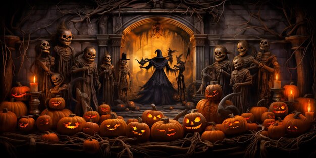 Illustration einer Hexe, die in einem heimgesuchten Haus mit Skeletten und Kürbissen steht Halloween-Hintergrund