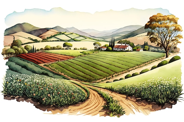 Illustration einer hügeligen Landschaft mit Getreidefeldern