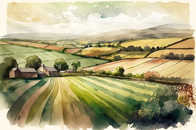 Illustration einer hügeligen Landschaft mit Getreidefeldern