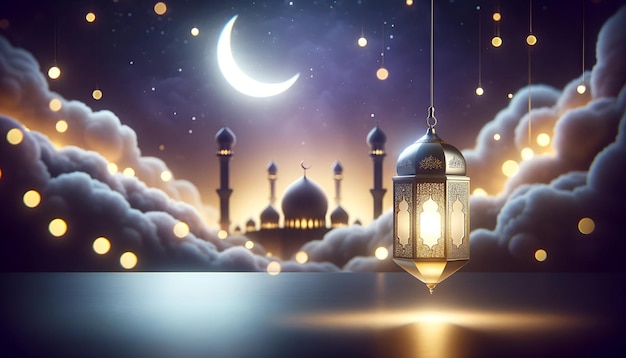 Illustration einer in Fokus befindlichen Laterne mit Moschee in der Nacht mit Halbmond