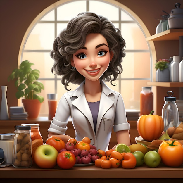 Illustration einer jungen Ernährungswissenschaftlerin, die Obst und Gemüse in der Küche hält