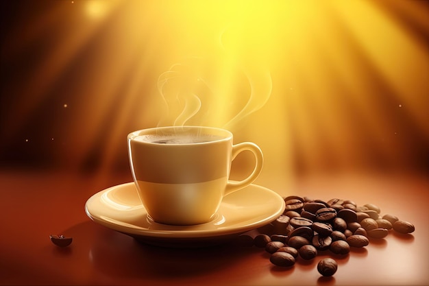 Illustration einer Kaffeetasse und verstreuter Kaffeebohnen auf gelbem Hintergrund. Generative KI