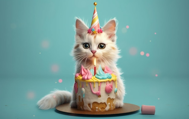 Illustration einer Katze, die ihren Geburtstag mit Regenbogenkuchen feiert