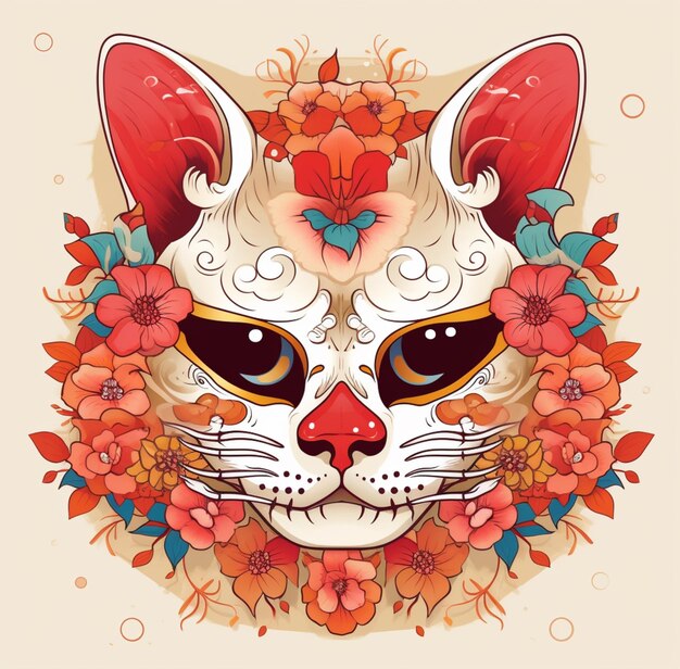 Illustration einer Katze mit Blumen und dem Wort feline.