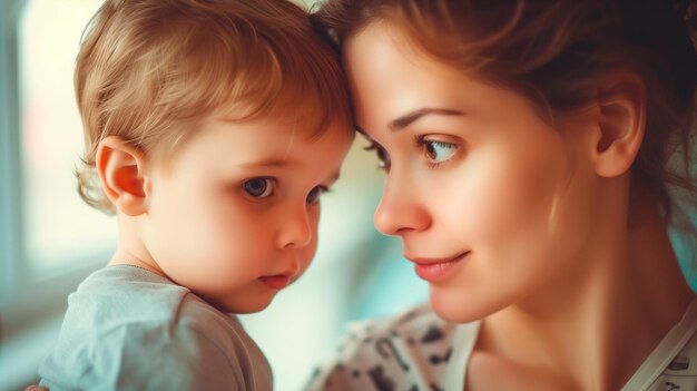 Illustration einer kaukasischen Mutter mit ihrem kleinen Sohn Konzept des Mutter-Tages Mutter-Liebe