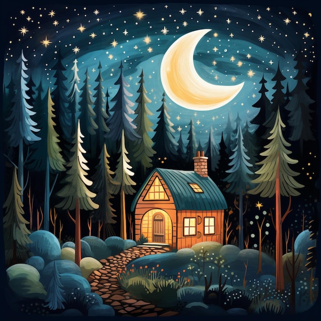 Illustration einer kleinen Hütte im Wald bei Nacht mit generativer Vollmond-KI