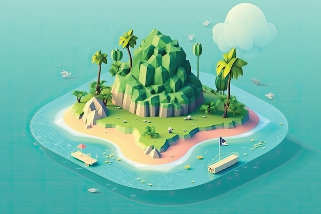 Illustration einer kleinen Insel im Ozean, 3D-Darstellung