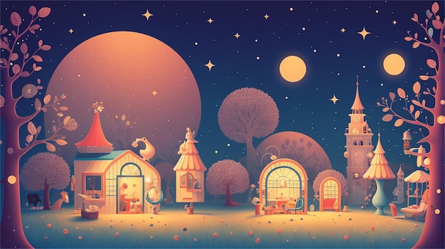 Illustration einer kleinen Stadt mit Mond und Sternen