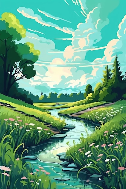 Illustration einer Landschaft mit Feld und Fluss in der Nähe. Illustration Generative KI