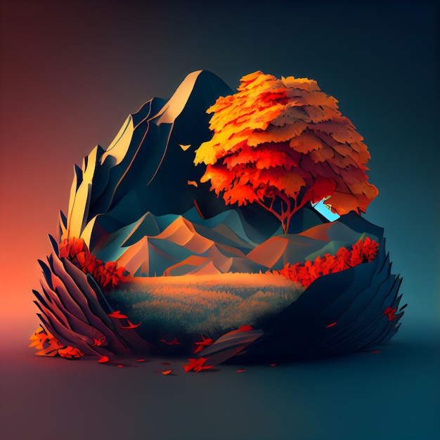 Illustration einer Low-Poly-Landschaft mit einem Wald und einem Berg